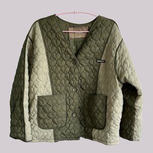 NWOT Chuu Green Heart Quilted Bomber Jacket